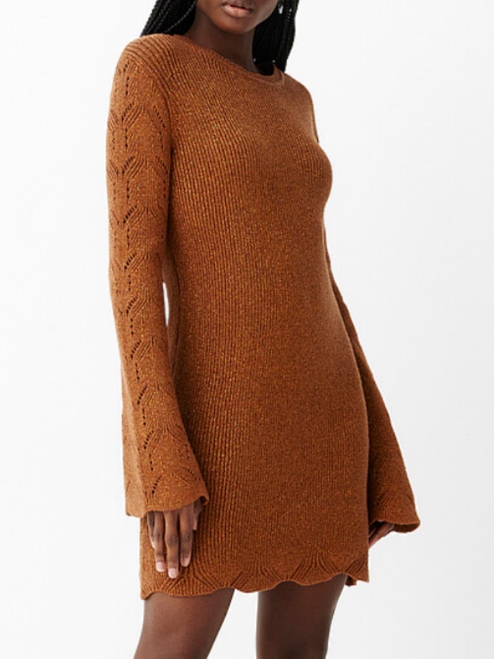 Boho brown flared long sleeve shimmery knit dress NWT